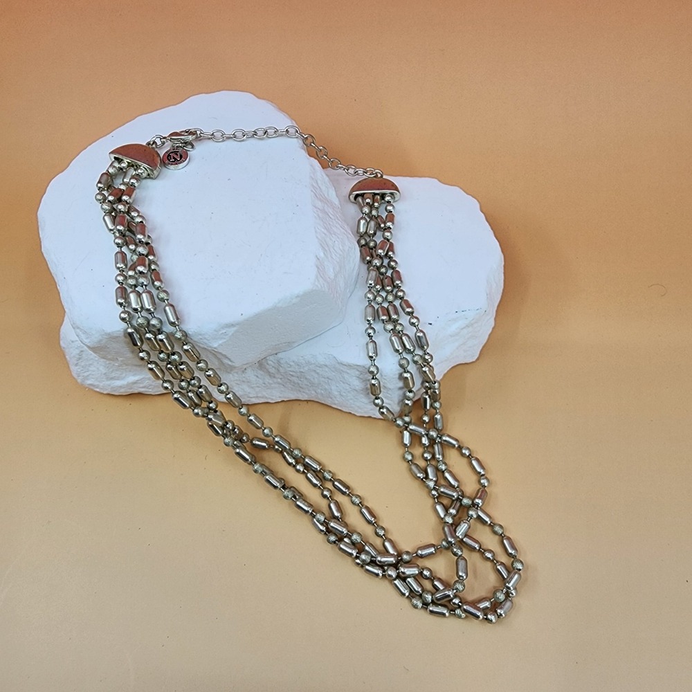 Napier Silver Tone Multi Strand Beaded Necklace Textured Beads Statement Layered
